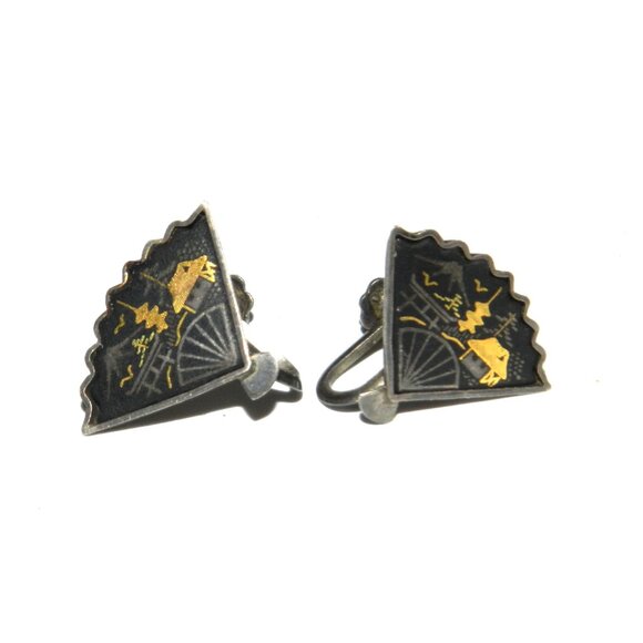 Vintage Silver Earrings Damascene Fan Japan Gold Tone - Picture 2 of 12